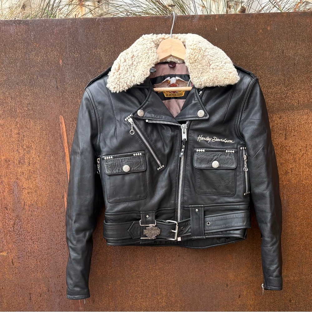 Harley-Davidson Black Leather Jacket with Cream Shearling Collar
